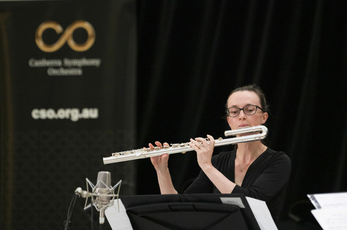 Flautist Kiri Sollis performing during the Canberra Symphony Orchestra's Stargazing concert, April 2022.