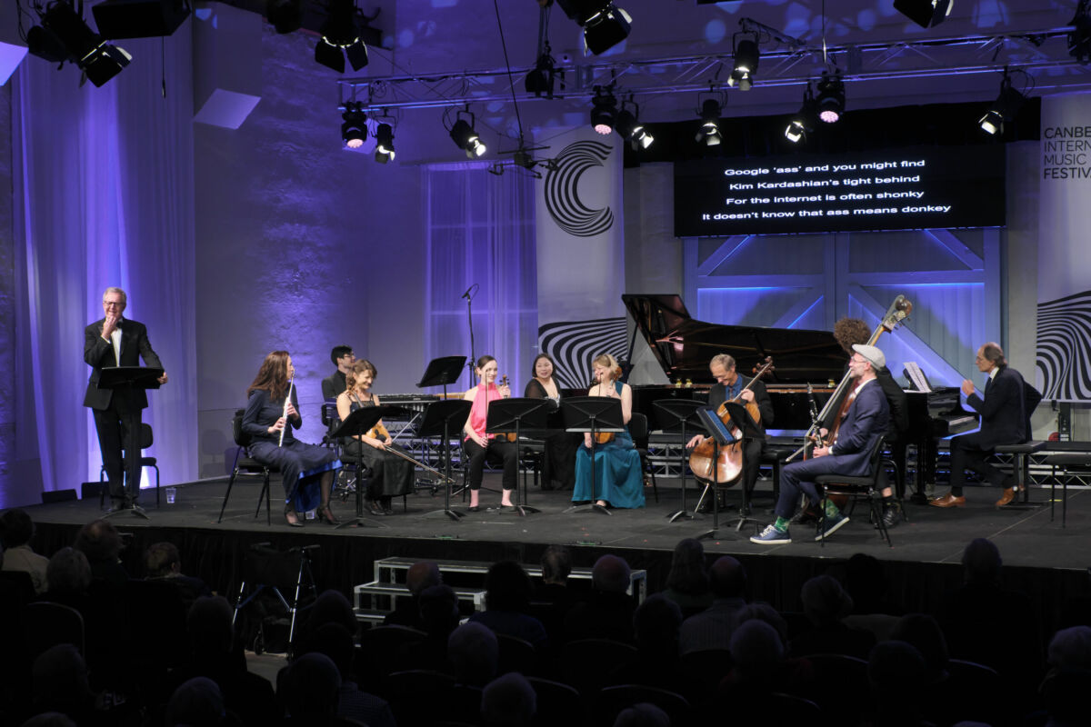 The assembled musicians performing in <i>The Last Mile</i>, the final concert of the 2022 Canberra International Music Festival. Photo © Peter Hislop.