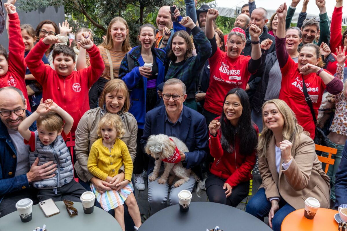 Anthony Albanese celebrating with volunteers and the new Member for Reid Sally Sitou. Source: Facebook.