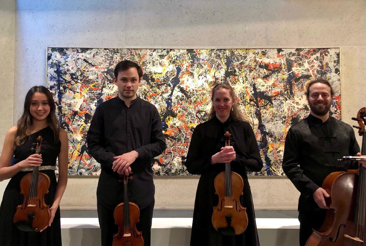 The Alma Moodie Quartet with Jackson Pollock’s Blue Poles after their concert at the Canberra International Music Festival.