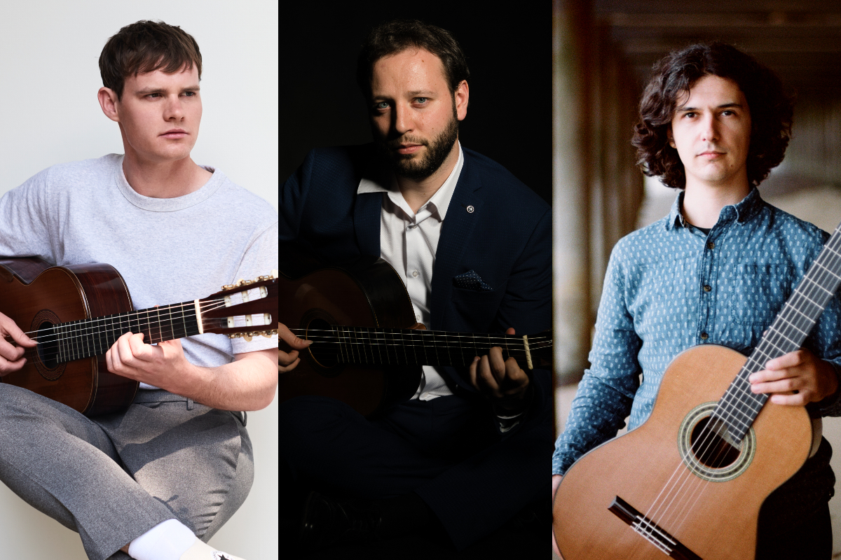 The three previous winners of the Adelaide International Classical Guitar Competition (L-R: Andrew Blanch (2019), Pietro Locatto (2020) and Pavel Ralev (2021)).